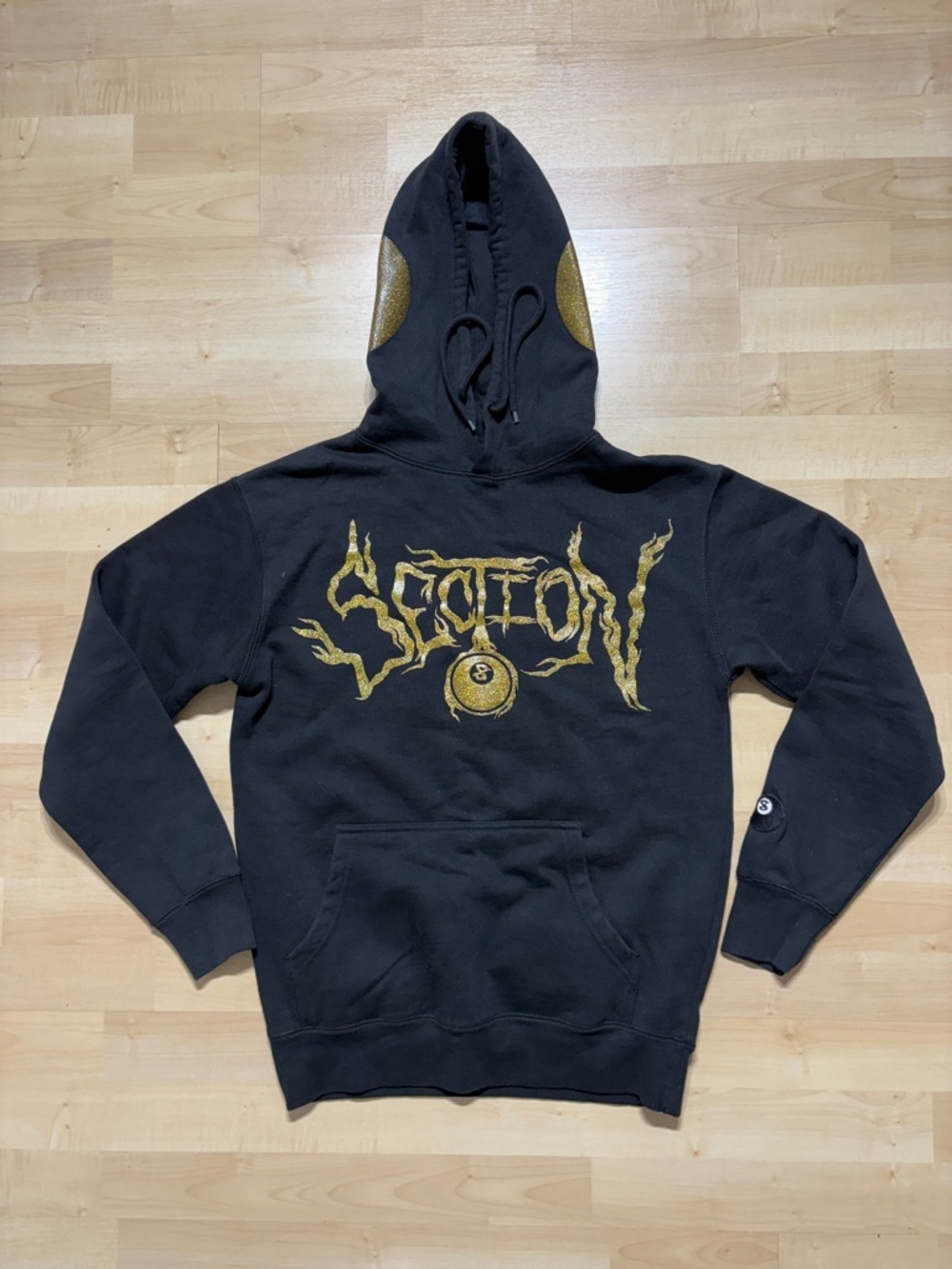 Men's Black Crewneck Hoodie Sweater with Gold Graphic Detailing